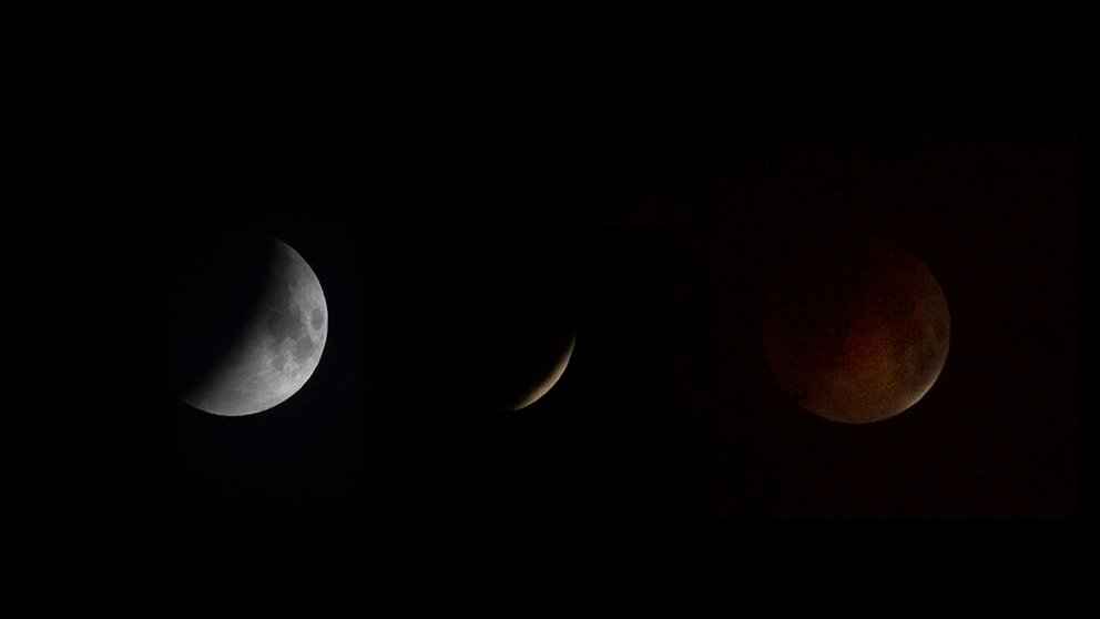 Vista de la Luna tomada desde Pamplona, durante las fases del eclipse total registrado durante la madrugada de este lunes. EFE/Villar López