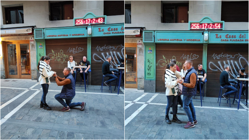 Fidel y María se comprometen en el mítico contador de la calle Estafeta de Pamplona. CEDIDA