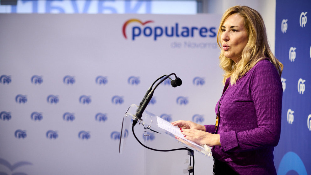 Rueda de prensa de la presidenta del Partido Popular de Navarra, Ana Beltrán, para tratar temas de la actualidad política. PABLO LASAOSA