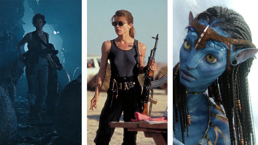 Las protagonistas de las secuelas de James Cameron, Ripley (Aliens), Sarah Connor (Terminator 2) y Neytiri (Avatar 2)