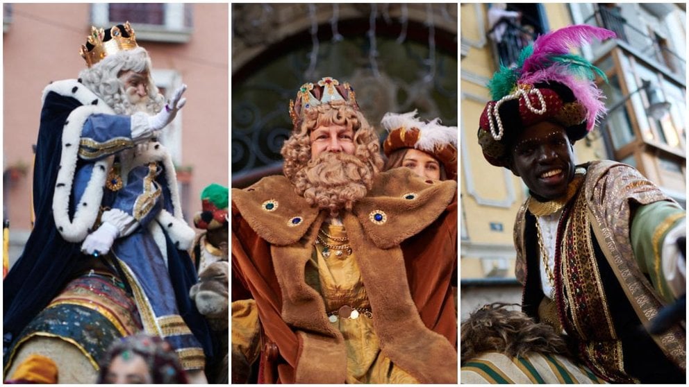 Melchor, Gaspar y Baltasar durante la Cabalgata de Reyes Magos de Pamplona.