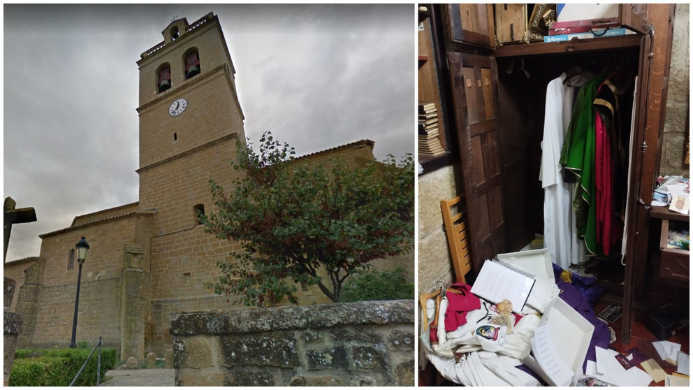 Imagen de la iglesia de Murillo El Fruto y aspecto de una de las salas afectadas por los robos.