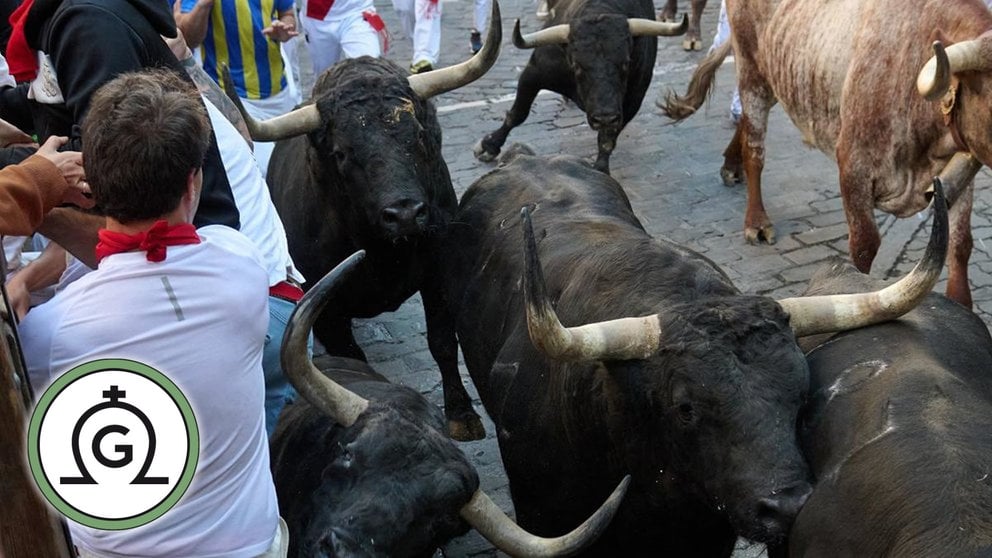 Los toros de la ganadería gaditana de Fuente Ymbro pasan por el tramo de Telefónica antes de su llegada al callejón durante el segundo encierro de los Sanfermines 2022. EFE Daniel Fernández