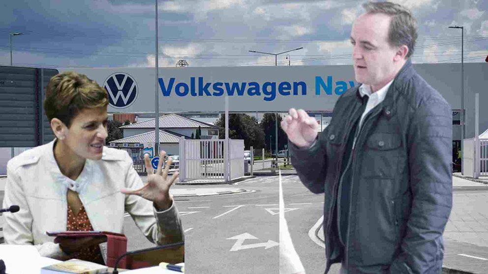 Fotomontaj de Javier Esparza y María Chivite sobre una imagen del acceso principal de Volkswagen Navarra.