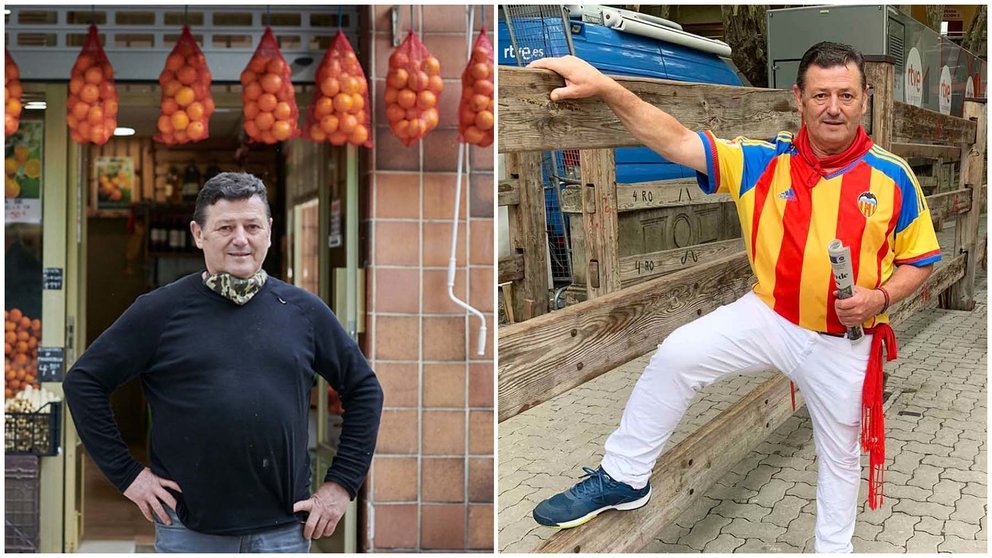 El  valenciano Leonardo Beltrán en su tienda de naranjas de Pamplona y en el vallado del encierro estos Sanfermines.