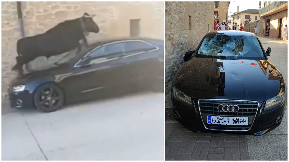Una vaquilla pasa por encima de un Audi aparcado en el recorrido del encierro en Mendigorría.