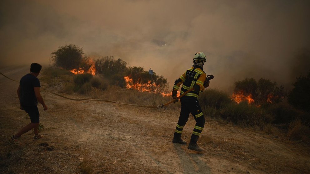 Bomberos y vecinos de los pueblos cercanos combaten las llamas cerca de Artajona. PABLO LASAOSA