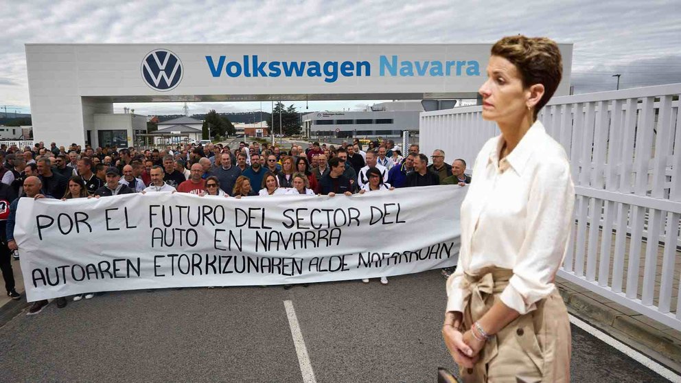 Fotomontaje de María Chivite ante una concentración del Comité de Empresa de Volkswagen Navarra a las puertas de la fábrica de Landaben.