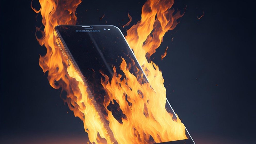 Imagen de archivo de un teléfono móvil envuelto en llamas. ARCHIVO