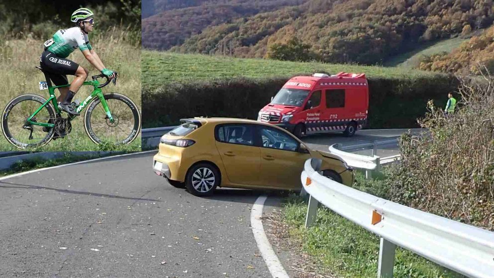 El ciclista navarro Josu Etxeberria  sobre una foto del lugar del accidente. POLICÍA FORAL.