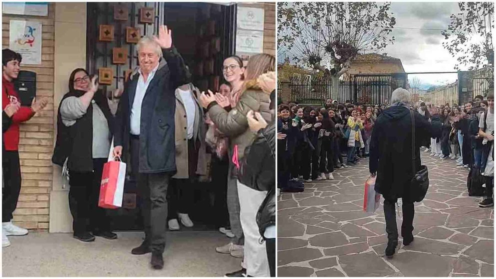 Santiago Molinos se despide de sus alumnos en el día de su jubilación después de 50 años en el colegio. CEDIDAS