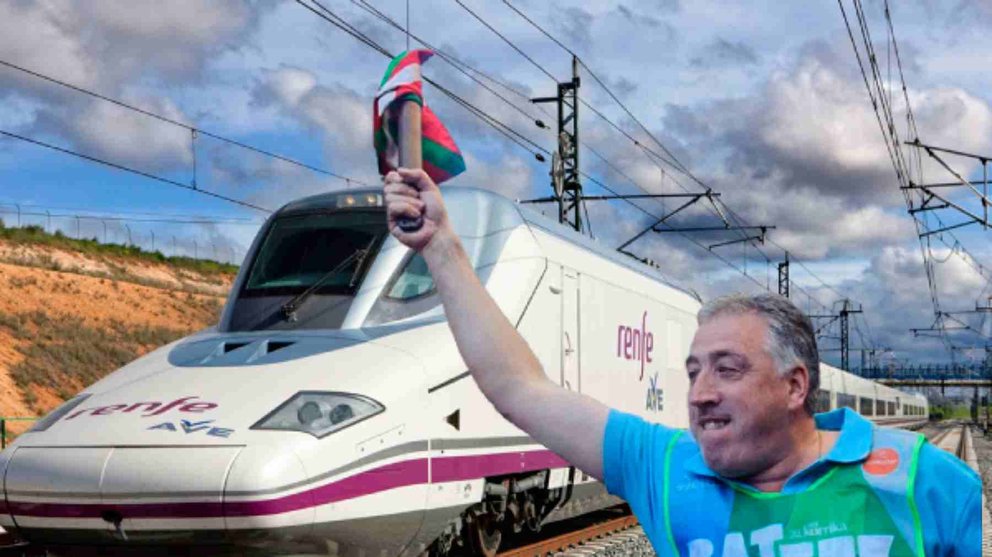 Fotomontaje de Joseba Asirón ante un tren de alta velocidad.