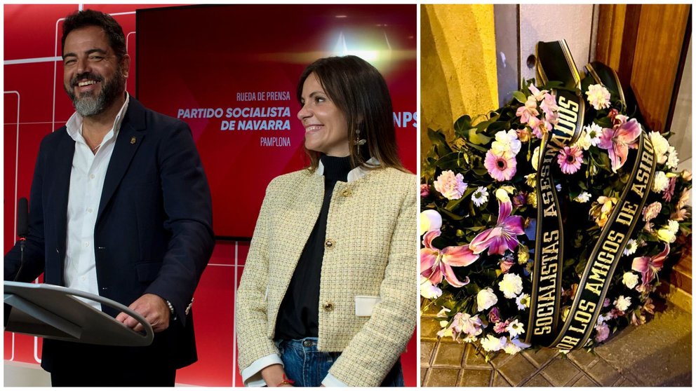 Ramón Alzórriz y Marina Curiel, brazos ejecutores de la moción de censura en Pamplona, junto a la corona de flores aparecida en la puerta de la sede del PSOE en Pamplona.