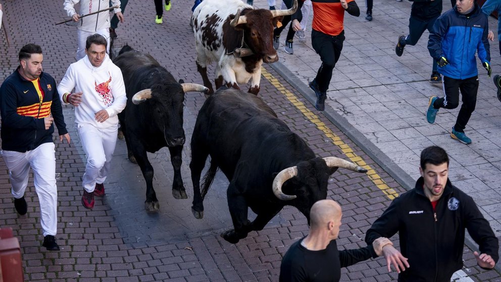 Los corredores junto a los toros durante el primer día de los ‘encierros blancos’ de San Sebastián de los Reyes, a 20 de enero de 2024, en San Sebastián de los Reyes, Madrid (España). - A. Pérez Meca - Europa Press