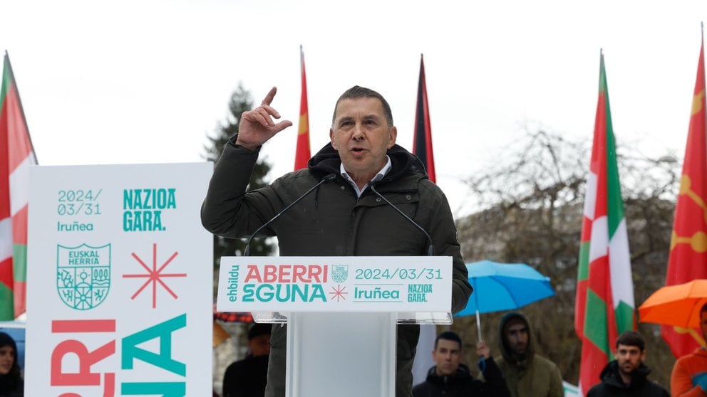 El coordinador general de EH Bildu, Arnaldo Otegui, durante su intervención EH Bildu en una manifestación multitudinaria por las calles de Pamplona con motivo del Aberri Eguna (día de la patria vasca). EFE/ Villar Lopez