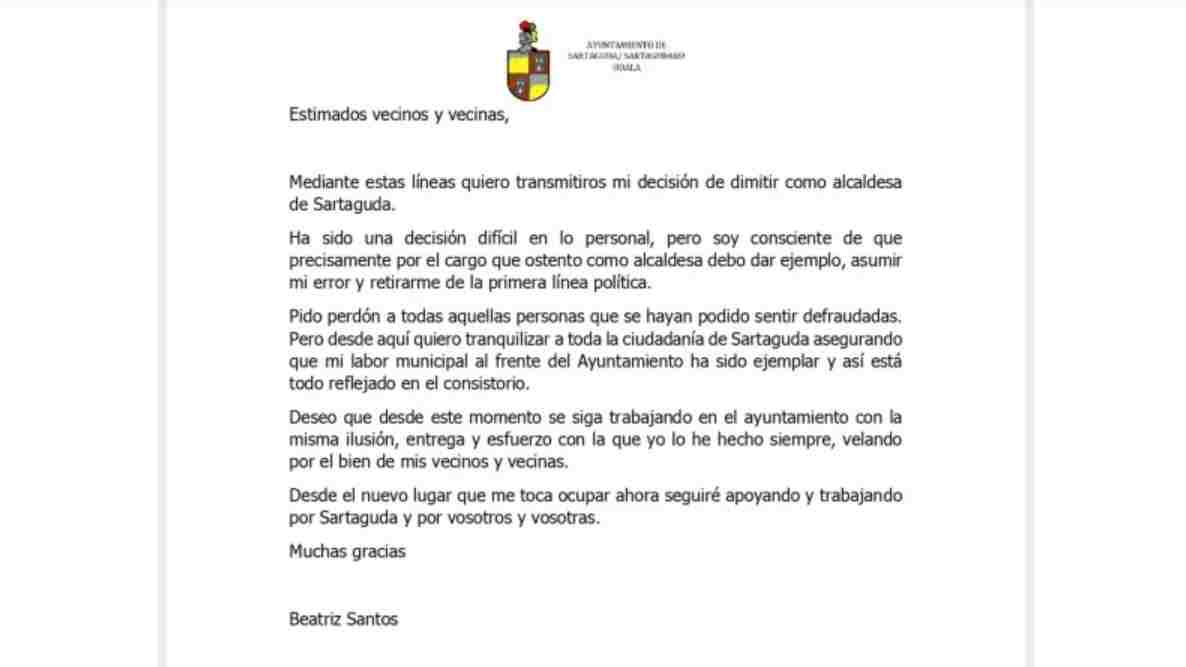 Carta enviada por la ya exalcaldesa de Sartaguda, Beatriz Santos, a los vecinos, anunciado su dimisión.